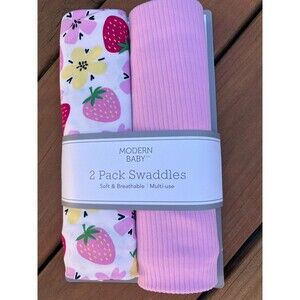 Modern Baby Pink Floral Strawberries Swaddling Blankets Multi Use Stretchy New
